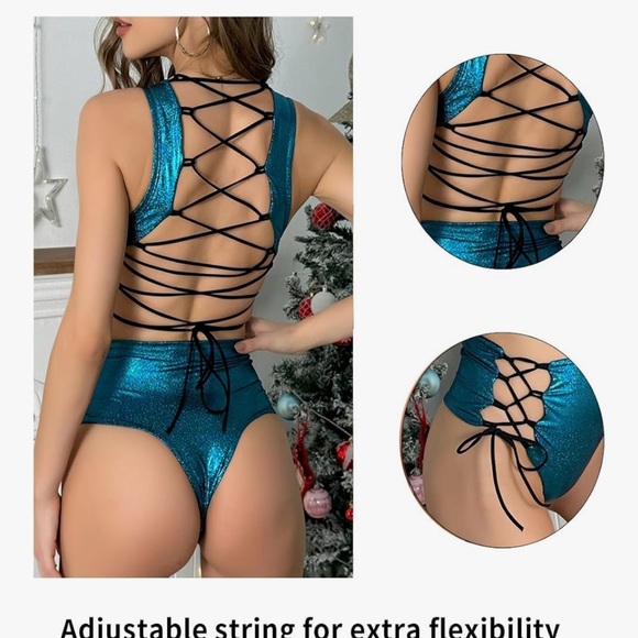 Teal Holographic Pole Dance Set | Lace-Up High Waist | Lyra Wear - Picture 6 of 6